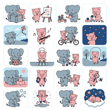 Cute Cartoon Elephants and Pigs in Various Playful Activities and Scenes