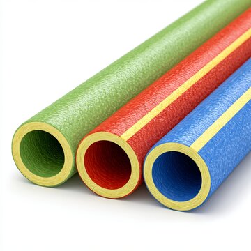 Three fiberglass-reinforced polypropylene pipes sit against a white background.