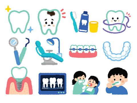 Cute Crayon Style Dental Care and Oral Health Clipart Set