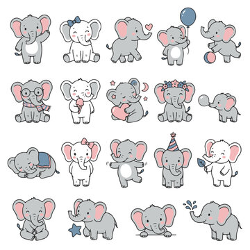 Cute Cartoon Elephants in Various Playful Poses and Activities