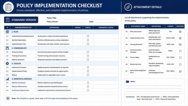 Policy implementation checklist template for compliance governance process management and documentation