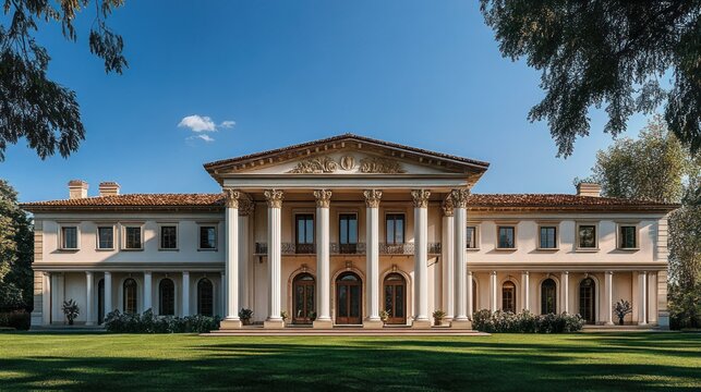 Sunlit symmetrical classical mansion with tall columns, pediment and arched entrances, red tiled roof, formal lawn and trees, serene and stately atmosphere under a clear blue sky