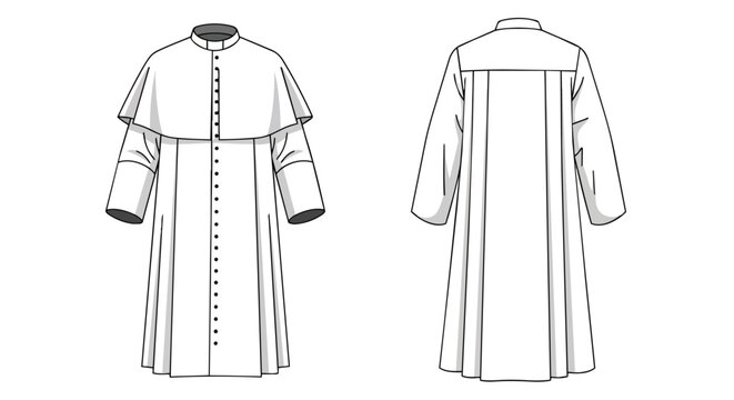 Professional Clerical Cassock Fashion Technical Drawing with Button Down Front and Capelet View Set Design