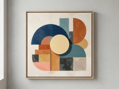 Abstract geometric oil painting in wooden frame on white wall