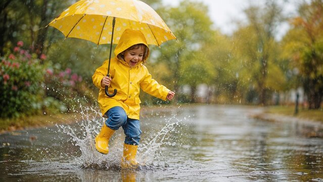 Happy child splashing in rain puddle with yellow umbrella raincoat and boots on wet spring day