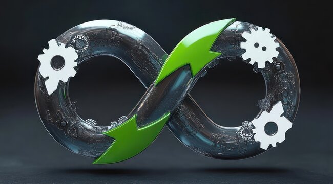 transparent glass infinity loop with exposed mechanical gears and white gear icons wrapped by green arrows, sleek futuristic symbol conveying continuous motion and efficiency