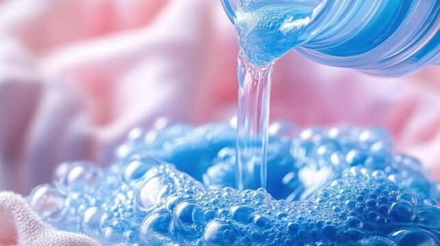 close-up of blue liquid being poured onto shimmering blue soap bubbles on soft pink fabric, evoking a fresh clean and gentle mood