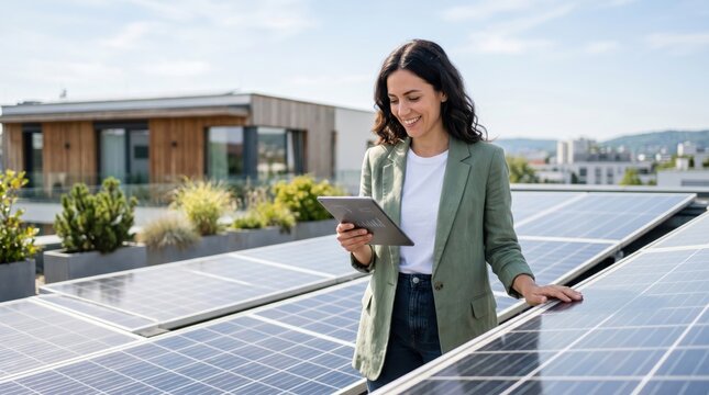 Professional female engineer inspecting solar panels on rooftop with tablet device, green energy industry worker checking efficiency, sustainable technology expert analyzing ren...