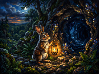 Fantasy illustration of cute rabbit holding glowing lantern standing at entrance of mystical crystal cave in moonlit enchanted forest with magical blue sparkles and deep mountain valley landscape. © CreAIo STUDIO