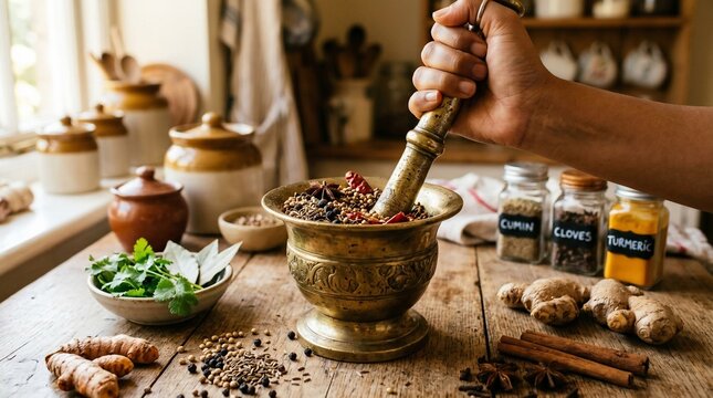Hand grinding spices in a brass mortar and pestle in kitchen