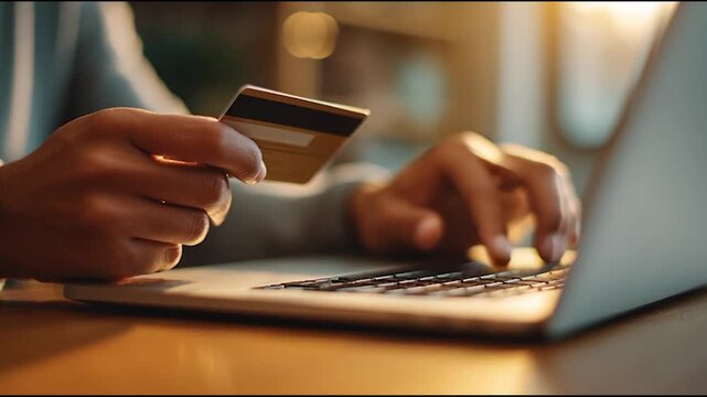 Credit card in hand, fingers tap laptop keys
