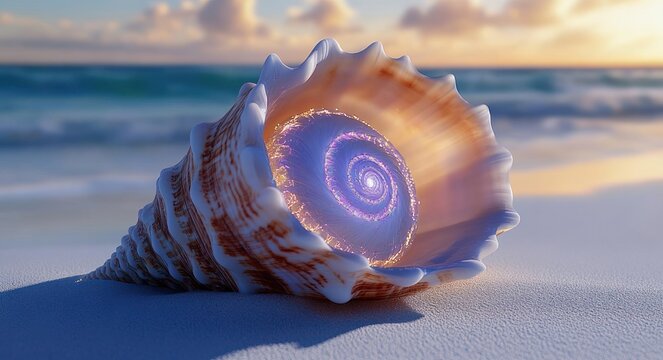 a conch seashell resting on sunlit sand at sunset with a glowing spiral vortex inside, waves and a calm ocean horizon evoking wonder and serene magic
