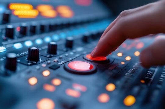 Close-up of finger pressing illuminated red button on audio mixing console, glowing knobs and LED meters in cool blue light conveying focused creative control and intensity
