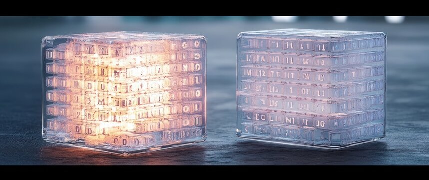 Two translucent glass-like cubes with embedded alphanumeric grids glowing warm amber and cool blue on a reflective surface, futuristic and mysterious atmosphere