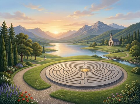 Peaceful landscape with labyrinth lake and church at sunset