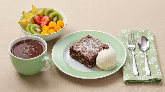 Brownie de chocolate com castanha do Par&aacute; servido com sorvete de baunilha, chocolate quente e salada de frutas - Chocolate and Brazil nut brownie served with vanilla ice cream, hot chocolate, fruits 