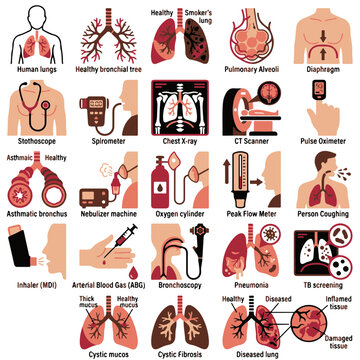Medical Lung Health Illustrations with Equipment and Conditions