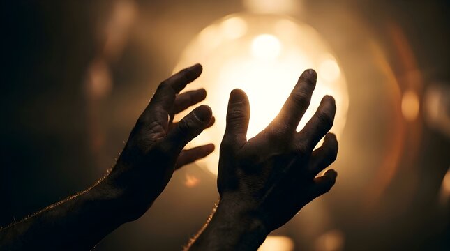 Hands reaching toward a glowing orb of light in a dark cinematic setting.