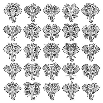 Intricate Elephant Heads Decorated with Floral Garlands Tribal Style
