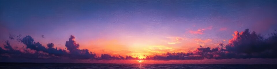 Fototapeta premium panoramic ocean sunset with vibrant purple and orange clouds, calm reflective water and a glowing horizon evoking peaceful serenity