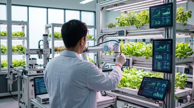 Scientist operating robotic arm in high-tech vertical farm greenhouse, monitoring plant growth on digital screens, representing smart agriculture, automated food production, and...