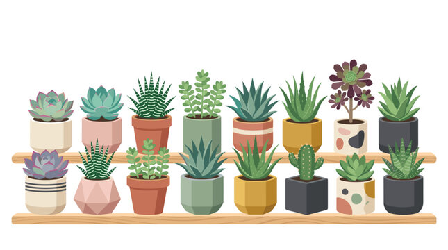 Collection of Various Potted Succulent Plants on Wooden Shelves Vector Illustration
