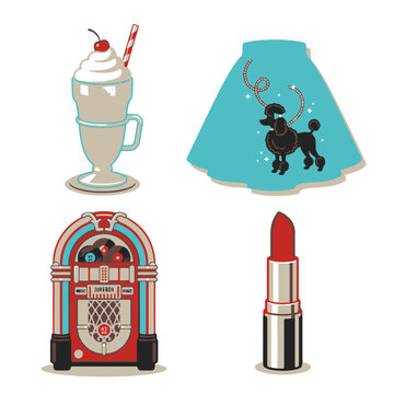 Retro 50s Style Icons Featuring a Milkshake Jukebox Poodle Skirt Lipstick