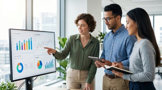 Group discussing financial charts on large display screen, corporate meeting and data presentation concept for teamwork and business strategy planning.