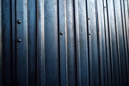 close-up of vertical corrugated steel panels with rivets and worn textured surface in cool blue tones creating a moody industrial atmosphere