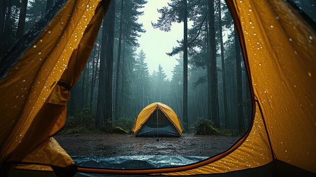 view from inside a rain-speckled tent looking out at a lone yellow tent in a misty pine forest, wet ground and tall trees creating a calm, contemplative camping scene