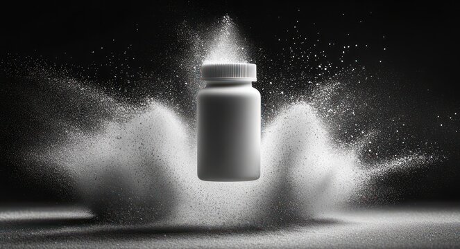 Floating white medicine bottle suspended above an explosive cloud of white powder, dramatic high-contrast mysterious sterile mood