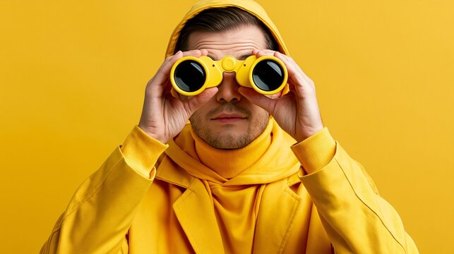 Man in yellow hoodie peers through yellow binoculars against solid yellow background