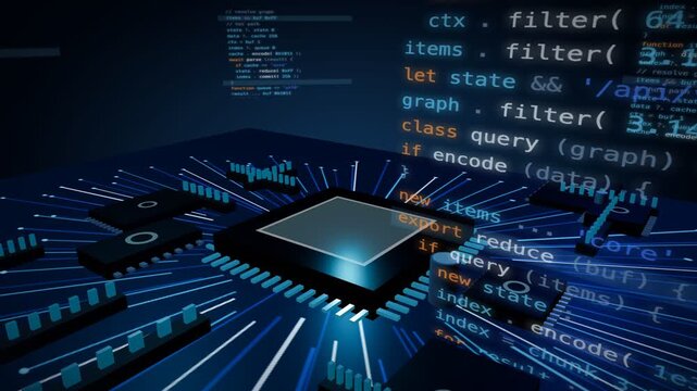 Glowing processor chip with code radiating along circuit traces cobalt tech 3D animation seamless loop