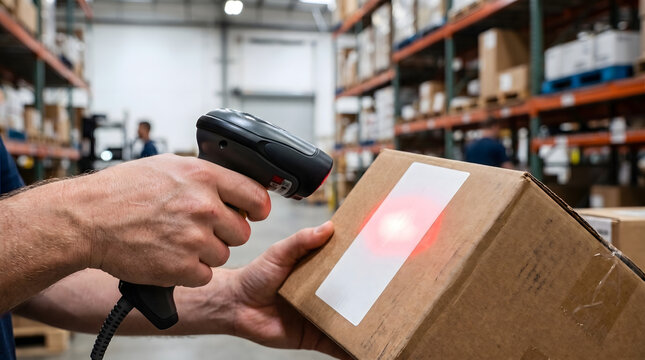 Warehouse employee writing shipping information on cardboard package before dispatch at fulfillment center