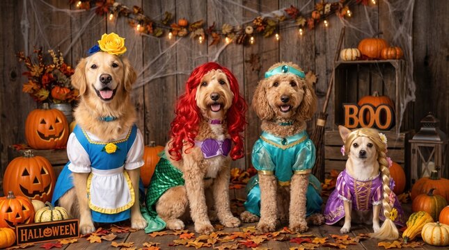 Adorable dogs dressed as fairytale princesses for halloween celebration