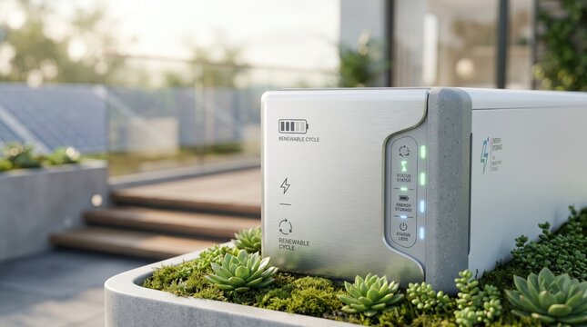 Modern renewable energy battery storage unit on green rooftop garden, sustainable power solution for home and business, eco friendly technology device with status indicators in ...