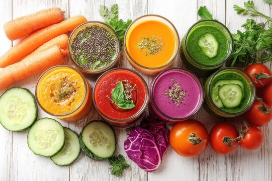 Bright colorful jars of vegetable smoothies and cold soups topped with cucumber slices and herbs, surrounded by carrots, tomatoes and purple cabbage on a rustic white wooden board &mdash; fresh and inviting