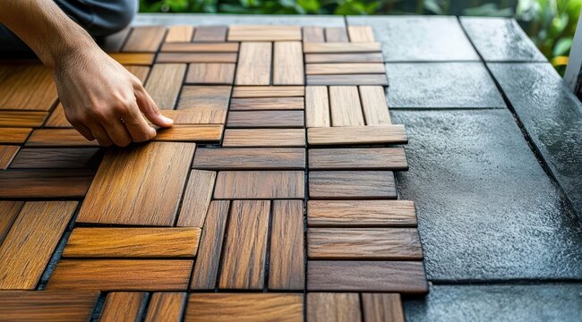 Hand carefully fitting interlocking wooden deck tiles in a warm parquet pattern on a dark patio surface, conveying a calm focused DIY moment
