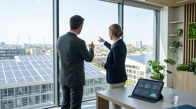 Business partners discussing renewable energy solutions looking at solar panels and wind turbines from office window with sustainability dashboard tablet.