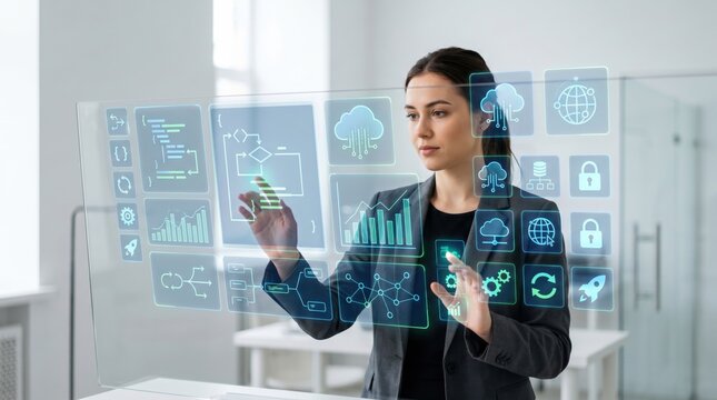 Businesswoman interacting with futuristic holographic interface, cloud computing, cybersecurity, big data analytics, AI technology concept, digital transformation in corporate o...
