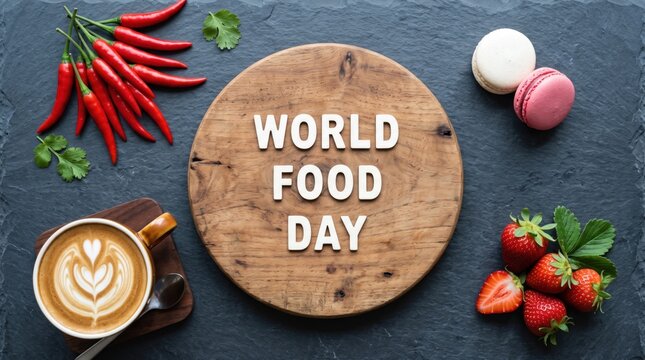 Colorful world food day spread with macarons strawberries and chili peppers