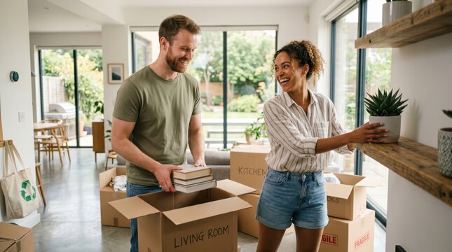 Happy young couple moving into new home, unpacking cardboard boxes and organizing living room, relocation and real estate concept