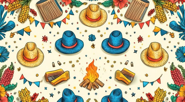 Festive repeating pattern of straw and blue hats, crackling campfires with logs, corn cobs, colorful bunting, red flowers, blankets and confetti conveying warm joyful celebration