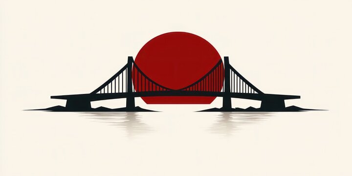 silhouette of a suspension bridge spanning calm water with a large red sun and soft reflections, evoking a peaceful minimalist atmosphere