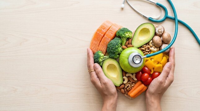 Stethoscope resting beside nutrient rich foods for a healthy eating concept