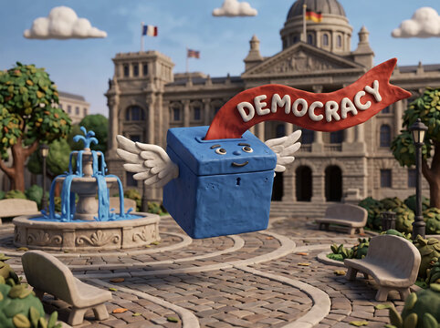 A whimsical clay vote box with a smiling face and white wings floats above a cobblestone plaza in front of a grand building with a banner saying democracy.