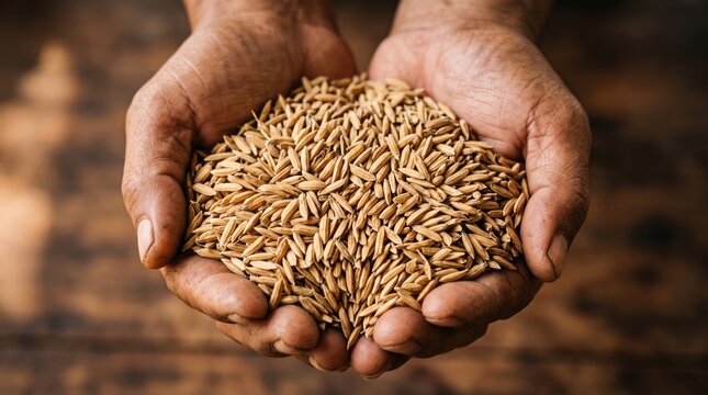 Cupped palms holding unhusked rice grains for agricultural harvest and food security