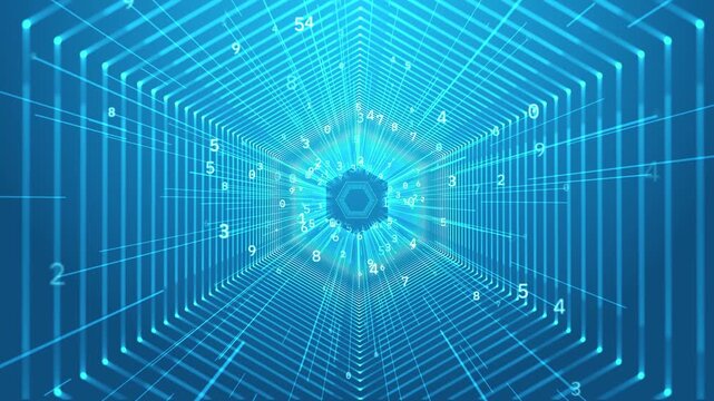 Bright cyan data tunnel visual with hexagon wire geometry, flying numbers, and deep digital corridor. Perfect for software videos, AI intros, dashboard screens, and overlays.