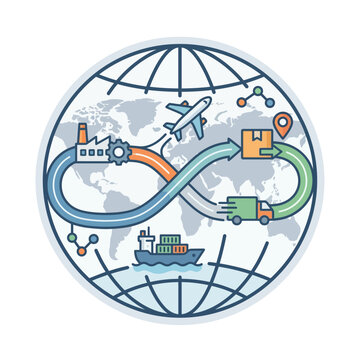 Global Logistics Network: An intricate illustration depicting a worldwide supply chain, featuring a factory, airplane, truck, and ship navigating an infinity loop around a globe.