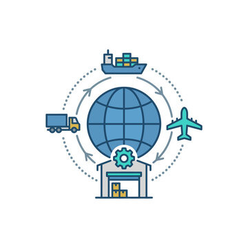 Global Logistics Network: An illustration depicting the interconnectedness of global logistics, showcasing various modes of transport like ships, trucks.